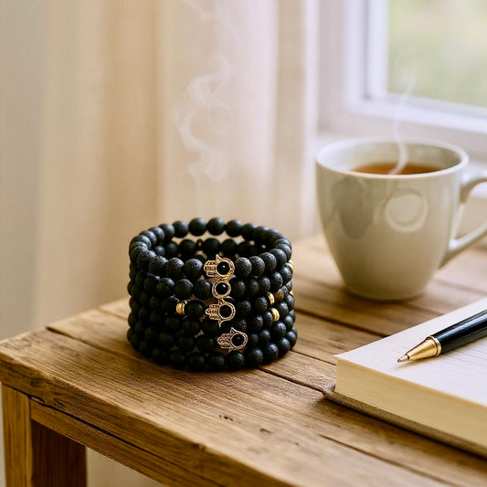 Bracelet Pierre de Lave 8 mm + Main de Fatma - Ancrage, protection & style talisman | Pierre naturelle