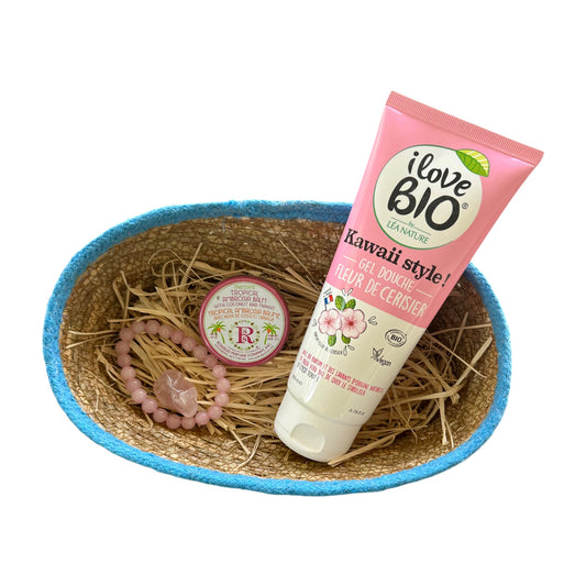 Coffret CATERINA - Gel douche, Baume lèvres, Bracelet & Pierre roulée Quartz rose