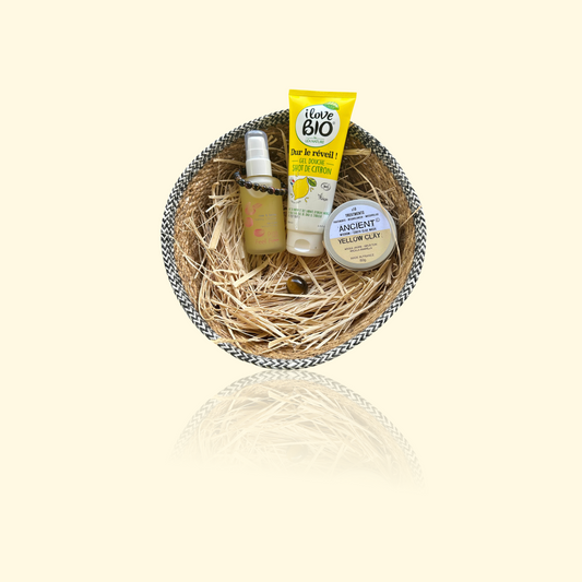 Coffret CAMILLE - PINK Petals Feel Free, Argile jaune, Gel douche, Bracelet & Pierre roulée Œil de Tigre 8 mm