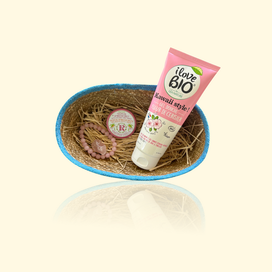 Coffret CATERINA - Gel douche, Baume lèvres, Bracelet & Pierre roulée Quartz rose