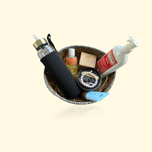 Coffret CÉLINE - TADASANA, Crème de douche, Crème mains, Argile blanche, Huile corps, Bracelet Manganocalcite, Savon d’Alep