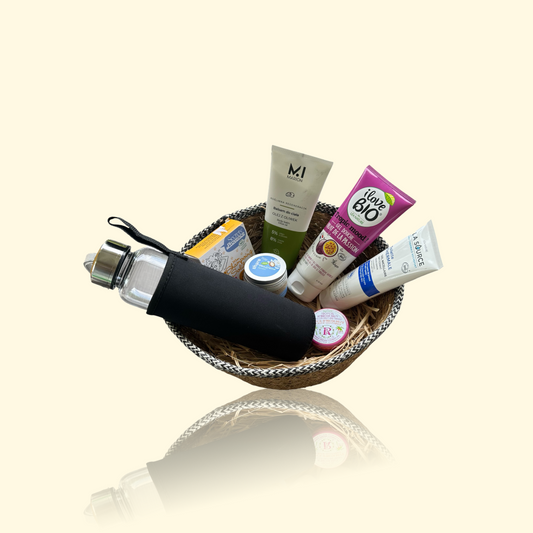 Coffret ÉLOISE - Bouteille Tadasana, Lait corps, Déodorant, Baume lèvres, Shampoing solide, Gel micellaire, Fluorite