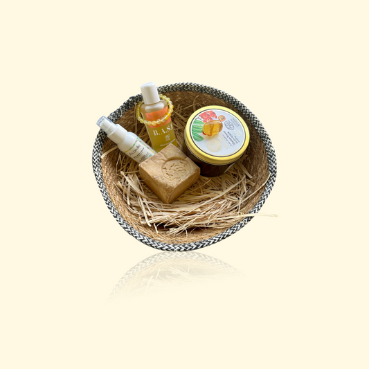 Coffret FARIDA - Gommage, Huile corps, Savon, Spray mains, Citrine (bracelet 8 mm + pierre roulée)
