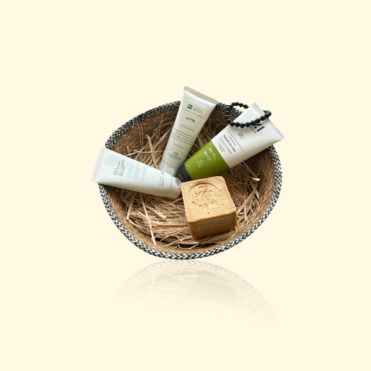 Coffret JULIA - Crème visage, Baume corps, Masque, Savon d’Alep, Bracelet Agate noire 8 mm