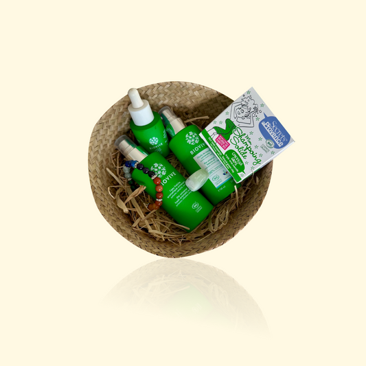 Coffret LI - BIOVIVE (Eau fraîche, Huile universelle, Élixir), Shampoing solide cheveux gras, Bracelet 7 Chakras & Jade vert