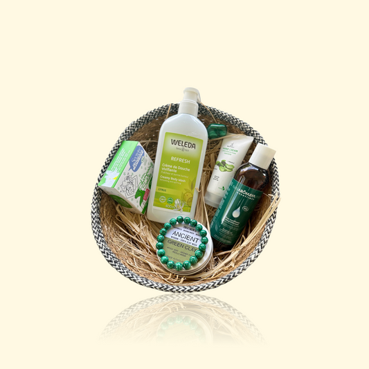 Coffret NINA - Eau purifiante, Argile verte, Shampoing solide, Crème mains, Crème de douche, Malachite (bracelet 10 mm + pierre roulée)