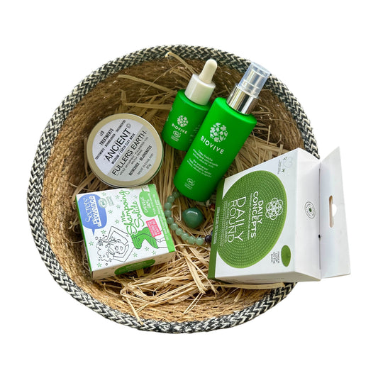 Coffret OLGA - Éponge visage, BIOVIVE (Eau fraîche + Élixir), Argile verte, Shampoing solide, Bracelet Jade & 7 Chakras, Aventurine