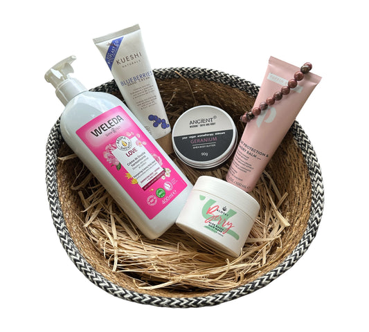 Coffret ZOE - Routine corps & cheveux + Bracelet Rhodonite 8 mm | PUFFIN BEAUTY, ANCIENT WISDOM, WELEDA, BLUEBERRIES, Aloyay Berry