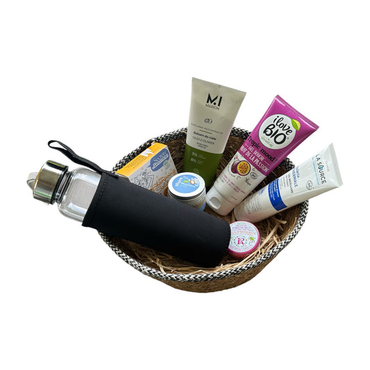 Coffret ÉLOISE - Bouteille Tadasana, Lait corps, Déodorant, Baume lèvres, Shampoing solide, Gel micellaire, Fluorite