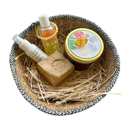 Coffret FARIDA - Gommage, Huile corps, Savon, Spray mains, Citrine (bracelet 8 mm + pierre roulée)