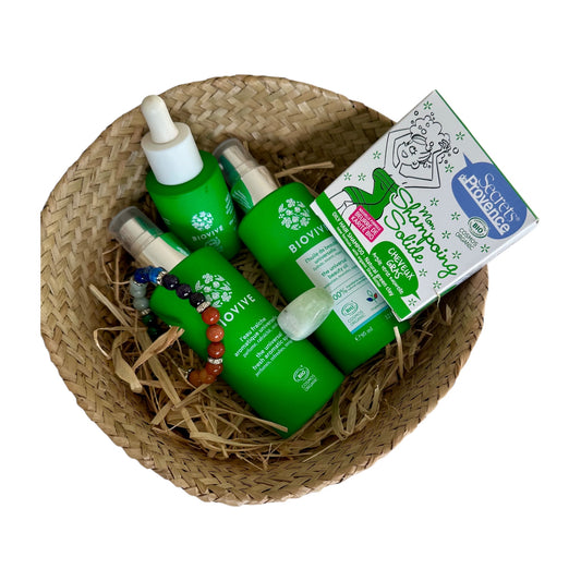 Coffret LI - BIOVIVE (Eau fraîche, Huile universelle, Élixir), Shampoing solide cheveux gras, Bracelet 7 Chakras & Jade vert