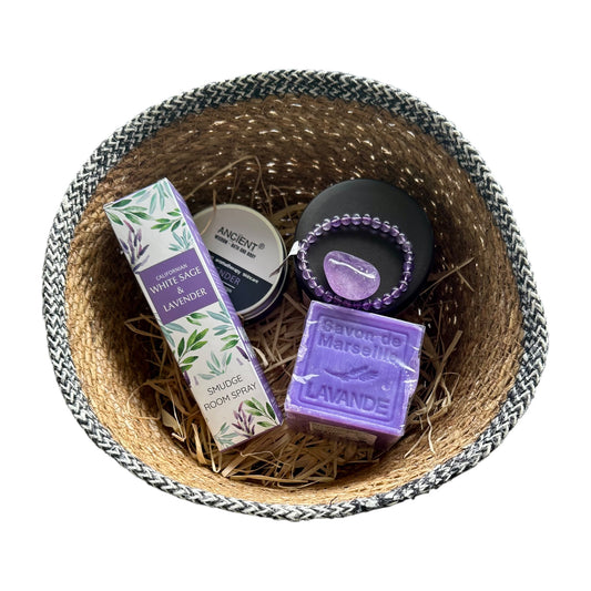 Coffret LUCIA - Savon de Marseille, Beurre corporel, Parfum d’ambiance, Argile blanche NAJEL, Bracelet 8 mm & pierre roulée Améthyste