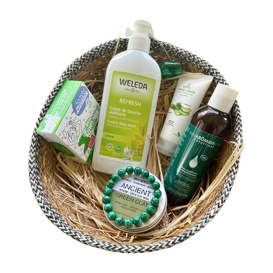 Coffret NINA - Eau purifiante, Argile verte, Shampoing solide, Crème mains, Crème de douche, Malachite (bracelet 10 mm + pierre roulée)