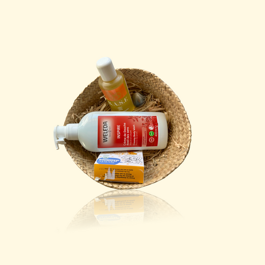Coffret REBECCA - Crème de douche WELEDA, Huile corps B.A.S.E 100 ml, Shampoing solide & Agate Botswana