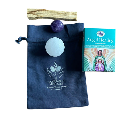 Kit Connexion Céleste - 1 bâton de Palo Santo- 1 sphère en sérélénite - 1 pierre roulée Améthiste - Encens des Anges