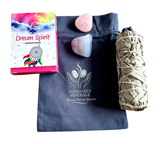 Kit Paix interieur- 1 bâton de sauge blanche- 1 pierre roulée Quartz Rose - 1 pierre roulée calcite bleue - Encens parfum floral