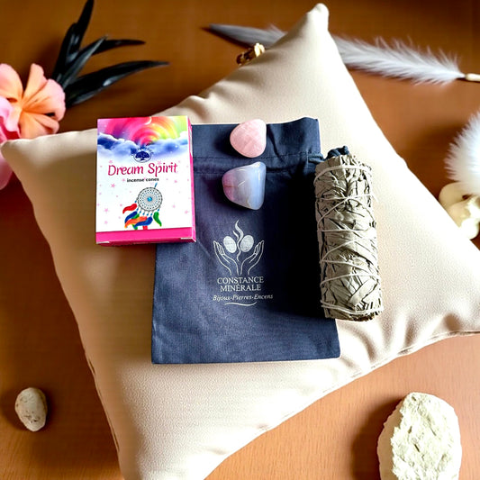 Kit Paix interieur- 1 bâton de sauge blanche- 1 pierre roulée Quartz Rose - 1 pierre roulée calcite bleue - Encens parfum floral