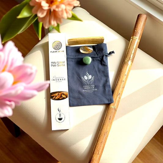 Kit Prospérité -1 pierre roulée Citrine - 1 pierre roulée Aventurine - Encens fleur de vie Palo Santo- 1 bâton de palo Santo