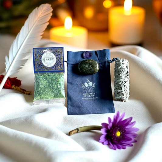 Kit Protection de l'aura- 1 bâton de sauge blanche- 1 Galet Labradorite- 1 pierre roulée Améthiste- Encens Saint Michael