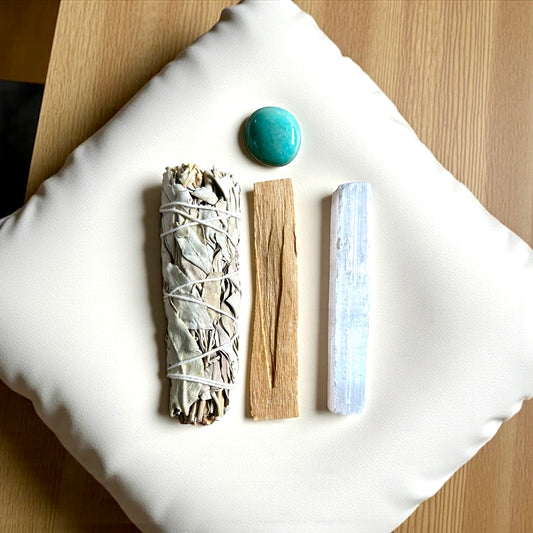 Kit Protection énergétique 1 bâton desélénite - 1 bâton de Palo Santo - 1 pierre roulée Aventurine- 1 bâton de sauge blanche