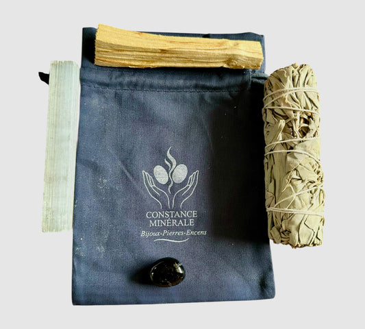 Kit Protection énergétique 1 bâton desélénite - 1 bâton de Palo Santo - 1 pierre roulée Obsidienne Noir - 1 bâton de sauge blanche