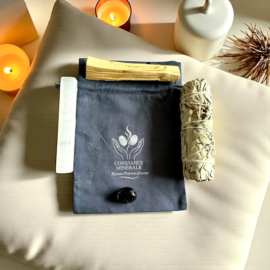 Kit Protection énergétique 1 bâton desélénite - 1 bâton de Palo Santo - 1 pierre roulée Obsidienne Noir - 1 bâton de sauge blanche
