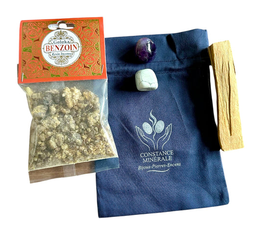 Kit Sommeil réparateur - 1 pierre roulée Améthiste - 1 pierre roulée Howlite - 1 bâton de Palo Santo - 30 g d'Encens en résine Benjoin
