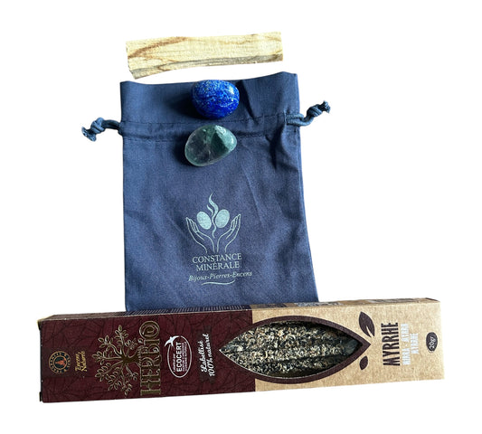 Kit developpement personnel 1 bâton de Palo Santo- 1 pierre roulée Lapis Lazuli- 1 pierre roulée Fluorite - Encens Myrrhe 20g