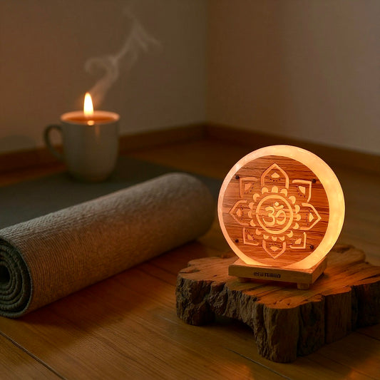 Lampe en Sel de l’Himalaya - Symbole Mandala Om | Lumière ambre & ambiance zen