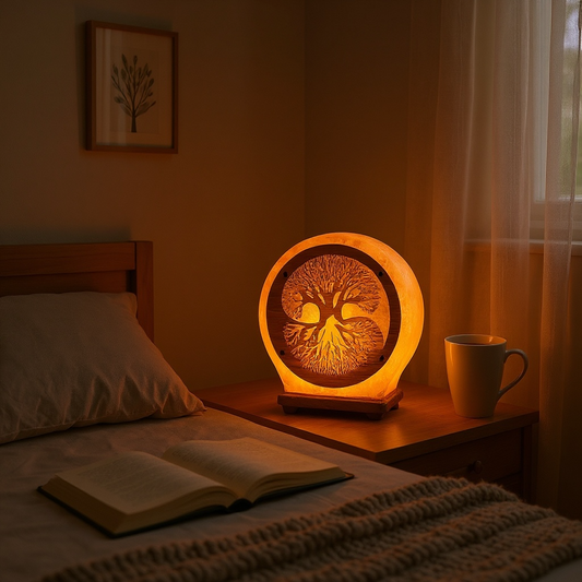 Lampe en Sel de l’Himalaya - Arbre de Vie & Yin Yang | Lumière ambre et ambiance zen