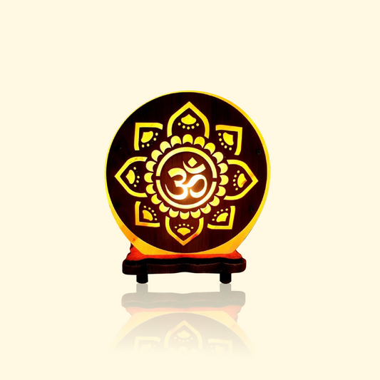 Lampe en Sel de l’Himalaya - Symbole Mandala Om | Lumière ambre & ambiance zen