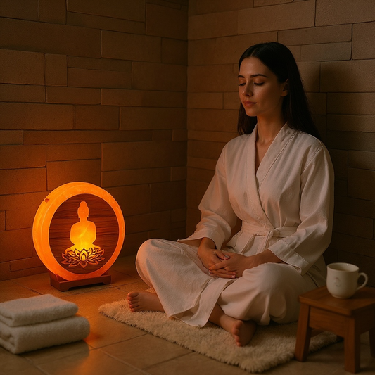 Lampe en sel de l'Himalaya Bouddha & Fleur de Lotus 5 kilos