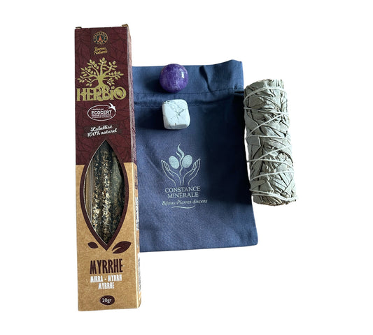 kit douce protection & calme interieur -1 bâton de sauge blanche- 1 pierre roulée Améthiste - 1pierre roulée Howlite - Encens Myrrhe 15g