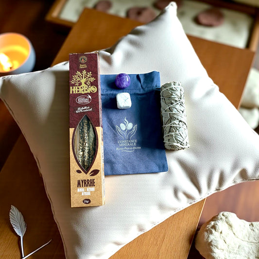 kit douce protection & calme interieur -1 bâton de sauge blanche- 1 pierre roulée Améthiste - 1pierre roulée Howlite - Encens Myrrhe 15g