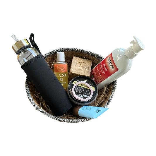 Coffret CÉLINE - TADASANA, Crème de douche, Crème mains, Argile blanche, Huile corps, Bracelet Manganocalcite, Savon d’Alep