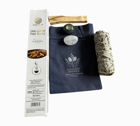 Kit activation de l'intuition 1 bâton de palo Santo- 1 pierre roulée Labradorite - 1 pierre roulée Cristal de Roche - Encens Fleur de vie Palo Santo 15g
