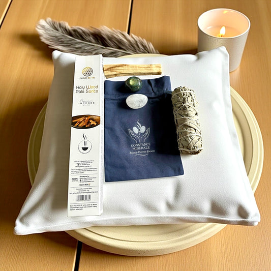 Kit activation de l'intuition 1 bâton de palo Santo- 1 pierre roulée Labradorite - 1 pierre roulée Cristal de Roche - Encens Fleur de vie Palo Santo 15g