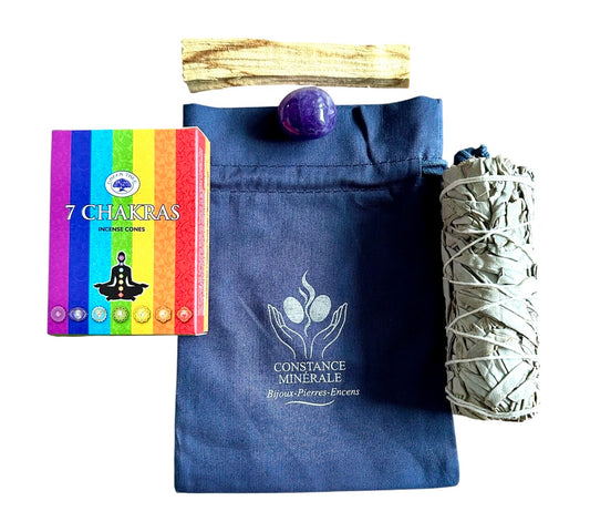Kit Alignement chakras 1 pierre roulée Améthiste - 1 bâton de Palo Santo- 1 bâton de sauge blanche - 10 encens en cônes 7 chakras