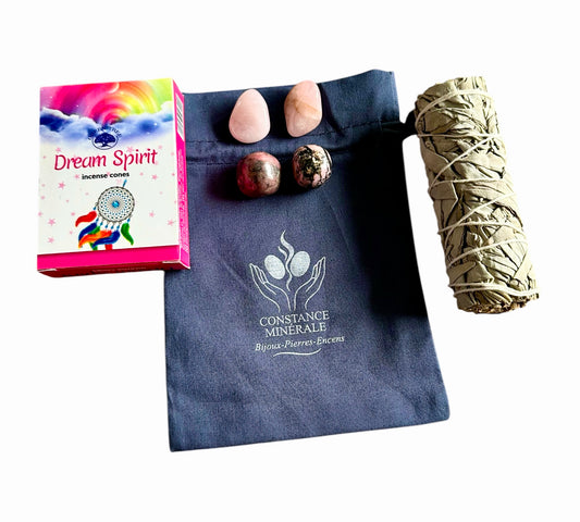 Kit Amour & relation - 2 pierres roulées Quartz Rose - 2 pierres roulées Rhodonite- 1 bâton de sauge blanche - Encens 10 cônes parfum floral
