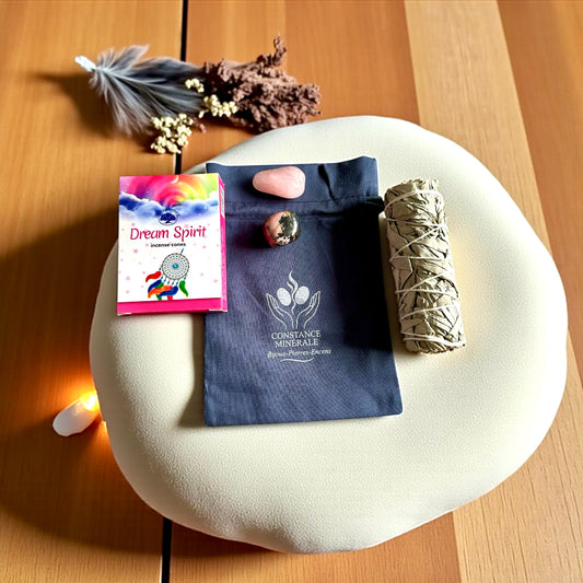 Kit Amour de soi- 1 pierre roulée Quartz Rose- 1 pierre roulée Rhodonite - 1 bâton de sauge blanche - Encens 10 côness parfum floral