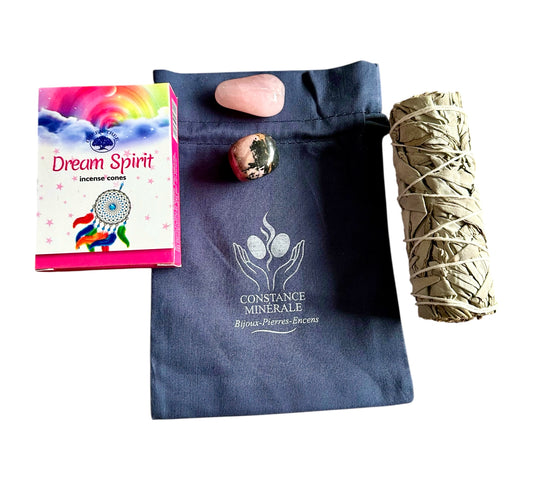 Kit Amour de soi- 1 pierre roulée Quartz Rose- 1 pierre roulée Rhodonite - 1 bâton de sauge blanche - Encens 10 côness parfum floral