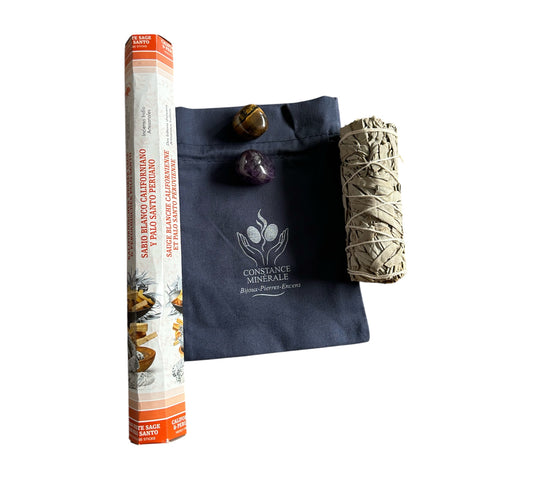 Kit Clarté & Protection 1 bâton de sauge blanche- 1 pierre roulée Oeil de Tigre- 1 pierre roulée Améthiste- 20 sticks d' Encens Palo Santo