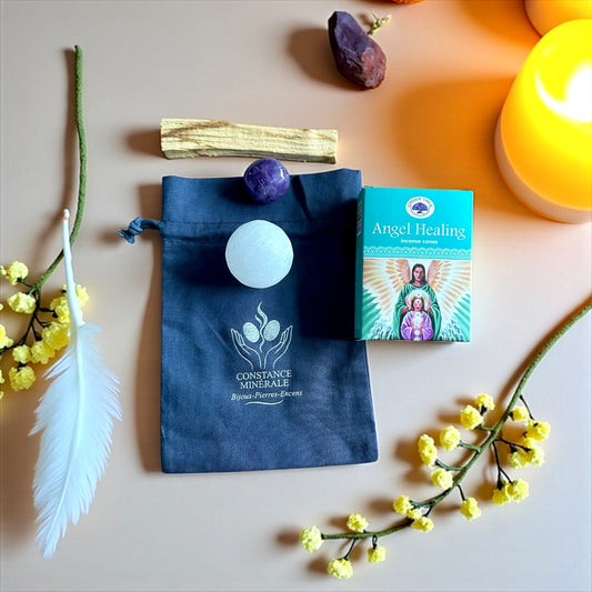 Kit Connexion Céleste - 1 bâton de Palo Santo- 1 sphère en sérélénite - 1 pierre roulée Améthiste - Encens des Anges