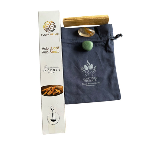 Kit Prospérité -1 pierre roulée Citrine - 1 pierre roulée Aventurine - Encens fleur de vie Palo Santo- 1 bâton de palo Santo