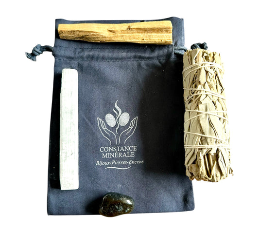 Kit Protection énergétique 1 bâton desélénite - 1 bâton de Palo Santo - 1 pierre roulée Tourmaline - 1 bâton de sauge blanche