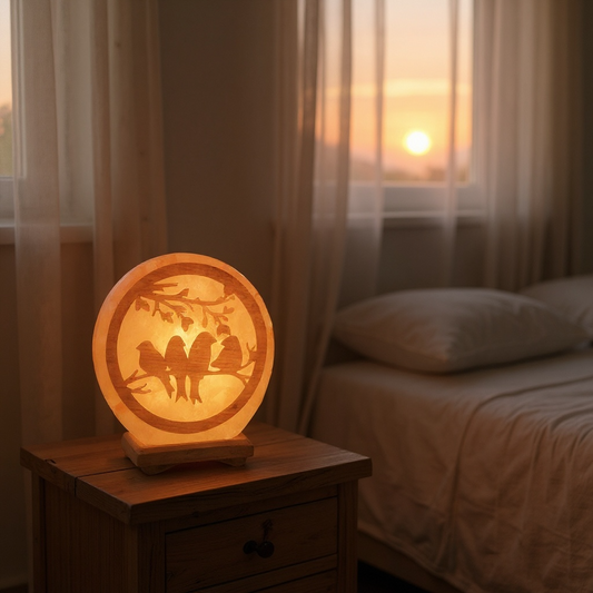 Lampe de sel de l´Hymalaya oiseaux sur branche